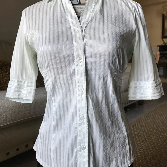 White green stripes fitted stretchy shirt sleeve blouse S - Picture 5 of 11